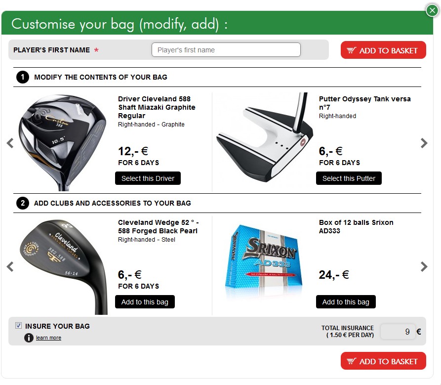 Customise the contents of your golf bag (add clubs and accessories)